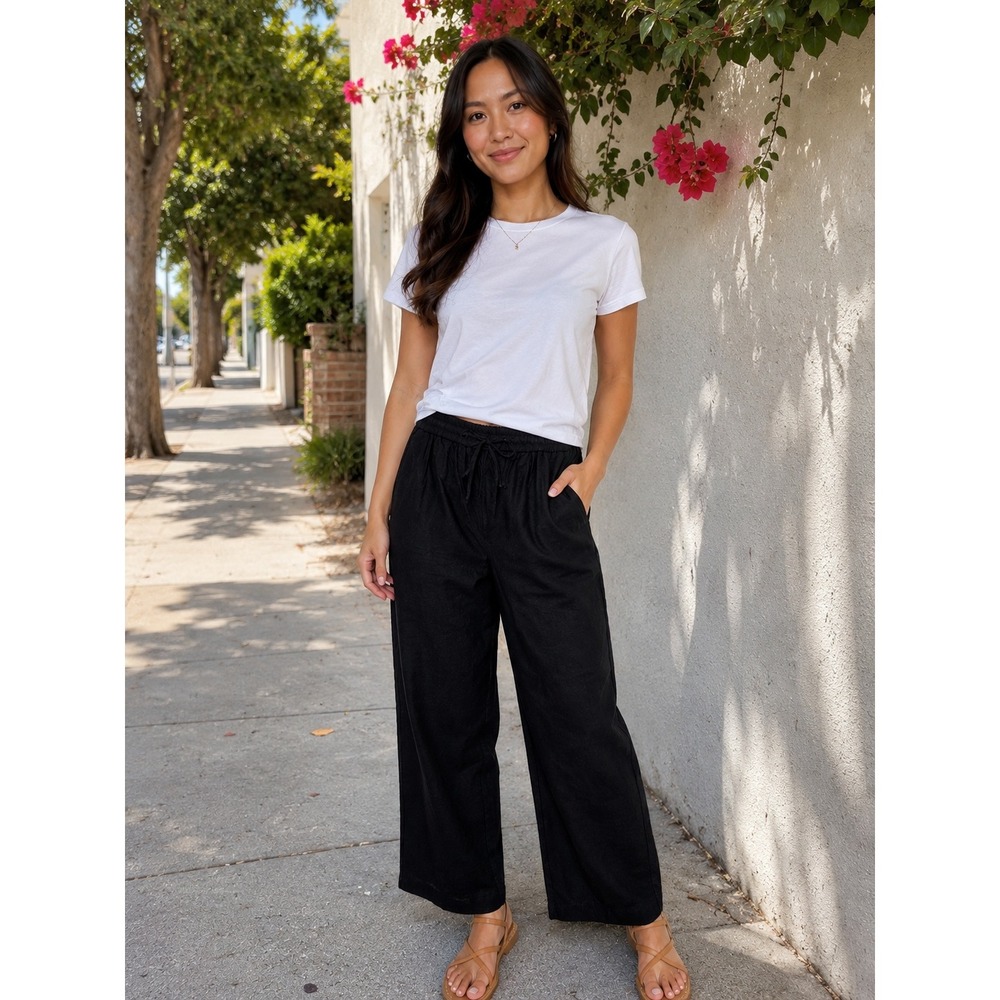 J. Crew Wide Leg Pants Womens 12 Black Linen Blend Breathable Lagenlook Summer